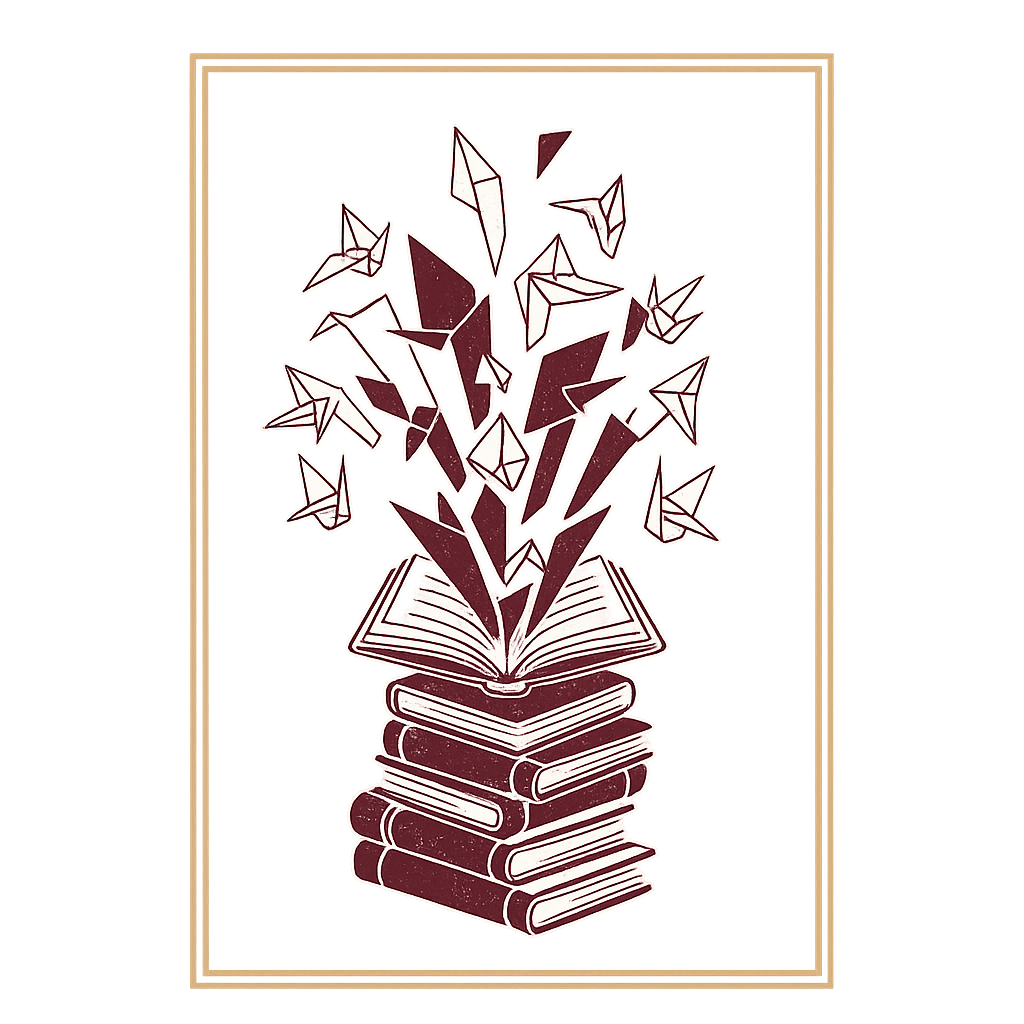 Ilustração de livros e pássaros de papel